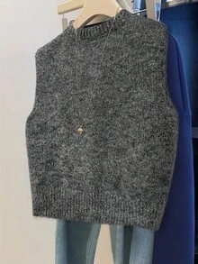 Everyssa 女士休闲百搭纯色针织背心 - 深灰色 - 查看 2