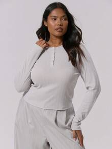 MUSERA 加大码纽扣镂空修身长袖上衣，优雅可爱性感街头风，适合夜间外出穿着，曲线优美 - 灰色 - 查看 1