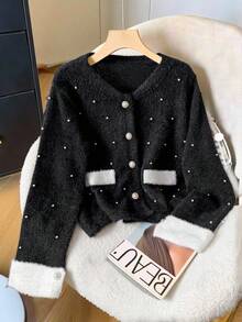 GlowEve 黑色 V 领串珠撞色袖口柔软亲肤耐用抗起球毛衣开衫，厚实但不笨重，女士必备冬季夹克 - 黑色 - 查看 4