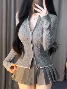 Women's Textured Cable Knit Sexy Fitted Sporty Sweater, Color Block Lace Patchwork Stand Collar Casual Cardigan, Autumn/Winter - Grey - View 11