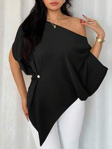 Rafferiza 优雅、日常休闲百搭，性感斜肩设计，不对称剪裁，落肩袖，腰部褶裥，绿色女士春夏上衣，衬衫，不对称肩部上衣 - 黑色 - 查看 3