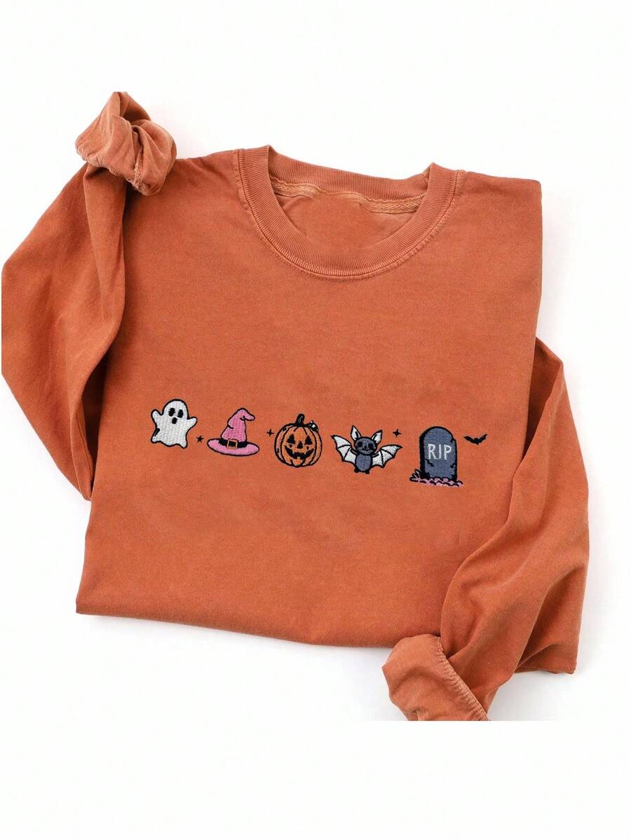 INAWLY Sudadera con bordado de fantasma, calabaza y murciélago de Halloween para mujer - Naranja - Ver 1