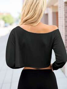 ReShift Áo thun ngắn tay dài cổ bất đối xứng cỡ lớn dành cho nữ, màu trơn, mùa thu - màu đen - Xem 2