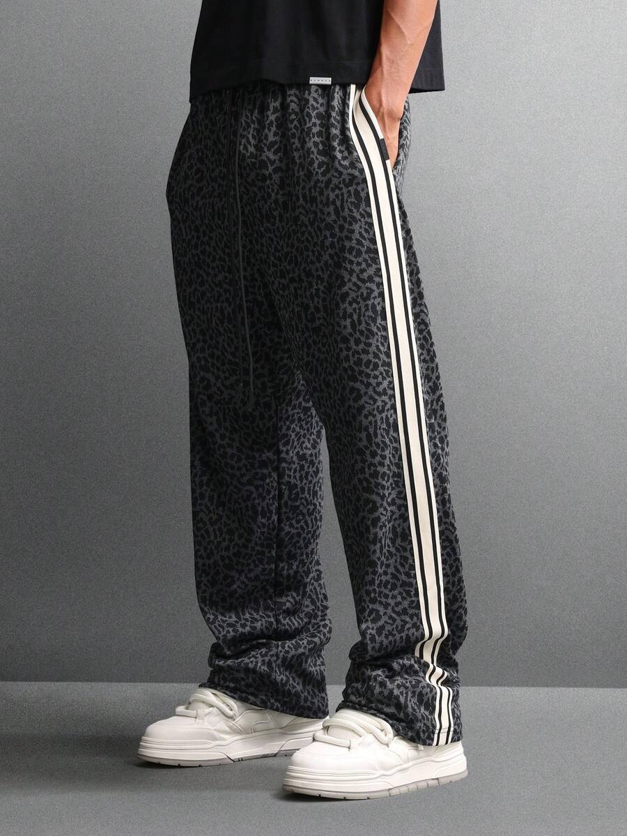 SUMWON Leopard Print Drawstring Wide Leg Sweatpants With Side Stripe Detail Loose Fit Casual Streetwear Relaxed Lounge Pants Autumn Winter Collection - Dark Grey - View 1