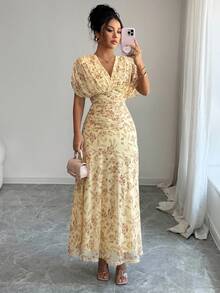 Elenzga Women's Elegant French Style Vacation Loose V-Neck Drop Shoulder Ruched A-Line Maxi Dress, Suitable For Beach, Afternoon Tea, Party - Yellow - View 1