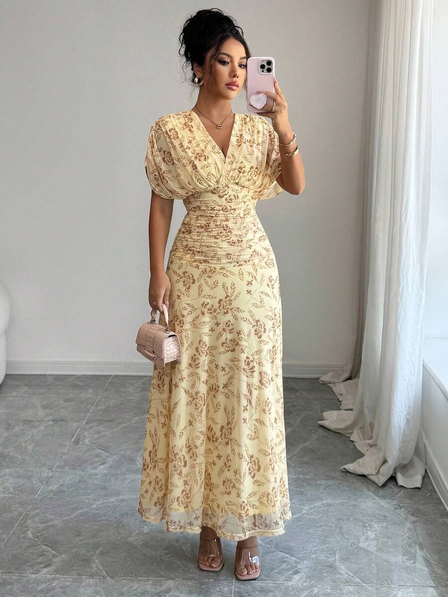 Elenzga Women's Elegant French Style Vacation Loose V-Neck Drop Shoulder Ruched A-Line Maxi Dress, Suitable For Beach, Afternoon Tea, Party - Yellow - View 1