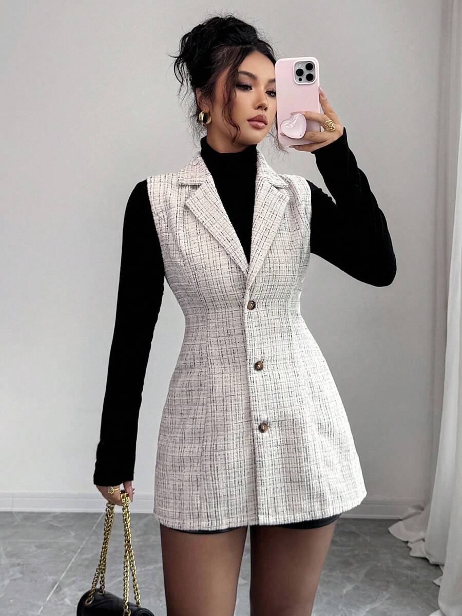 Elenzga Chaqueta sin mangas de frente abierto casual para mujer, adecuada para ir al trabajo, otoño/invierno - Blanco y Negro - Ver 1