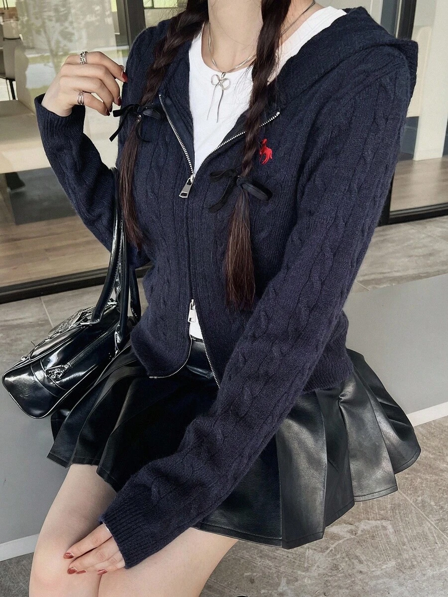 FRIFUL Cárdigan casual de ajuste ceñido con capucha, azul marino, con patrón de bordado en contraste, adecuado para el otoño - Azul Marino - Ver 1