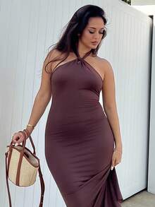 NegzBox Back-Twist Halterneck Midi Dress,Ladies Sexy Backless Sleeveless Halter Slim Fit Long Brown Plain Bodycon Women Long Dresses,Spring/Summer,Party/Nightclub Outfits Maxi Women Outfit - Brown - View 3