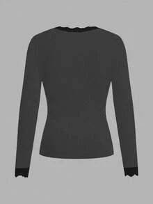 SHEIN EZwear Deep Grey V-Neck Lace Trim Fitted Long Sleeve T-Shirt, Suitable For Autumn/Winter - Dark Grey - View 3