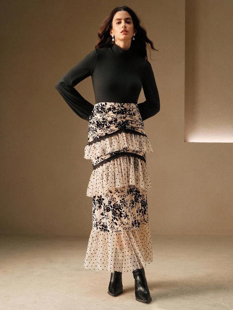 Women's Fitted High Neck Puff Sleeve Patchwork Asymmetrical Ruffle Hem Maxi Dress