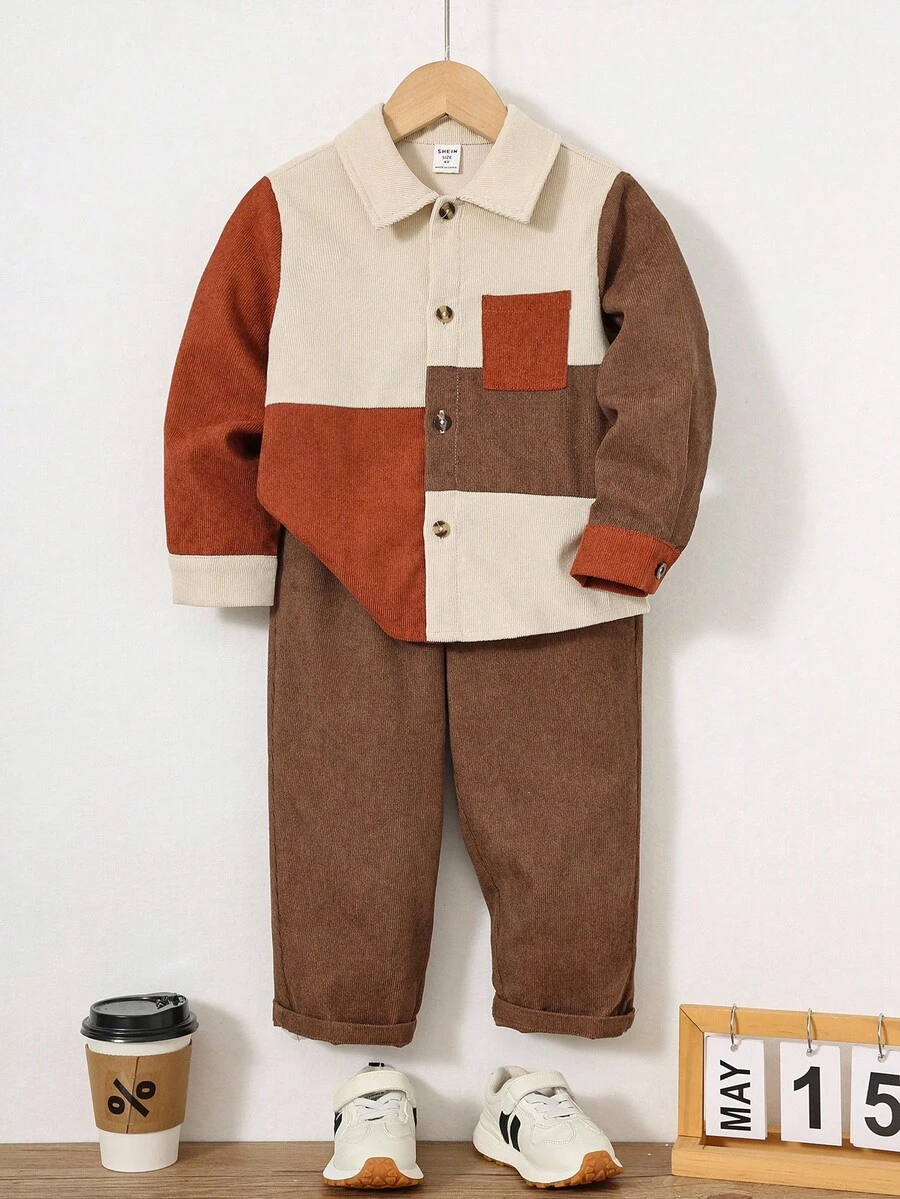 SHEIN 2 件儿童男童休闲日常百搭舒适撞色拼接翻领长袖开衫衬衫和直筒裤套装，适合学校、花园、海滩、生日、春季、夏季、秋季、冬季 - 彩色 - 查看 1