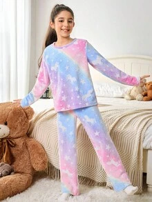 SHEIN Tween 女孩秋冬毛绒珊瑚绒睡衣套装，可爱卡通独角兽，星星和扎染印花，反光印花，柔软舒适，舒适法兰绒家居服，两件套睡衣套装 - 彩色 - 查看 4