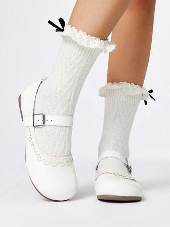 Kawaii Damen Braune Loafer, geschlossene Mary Jane Ballerinas, Schleifen-Spitzen Lolita Ballettschuhe