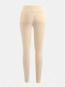 SHEIN Leggings per ragazze pre-adolescenti, termici e foderati per l'autunno/inverno, in morbido tessuto elasticizzato a costine, con toppe in PU, adatti a ogni occasione, colori cachi e albicocca