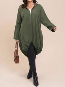 Comfylo 秋冬大码休闲纯色连帽夹克 - 軍綠色 - 查看 5
