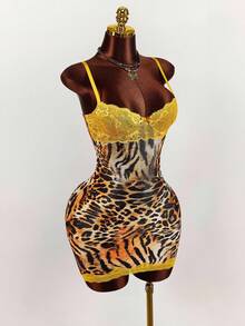 Y2K Amplova Leopard Print Party Yellow Lace Cup Detail Tropical Floral Mesh Bodycon Mini Dress Cheetah Print Outfits Cheetah Print Two Piece Animal Print Set - Multicolor - View 2
