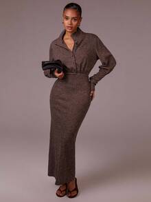 Athîral 女式纯色纽扣半襟长袖修身优雅连衣裙，秋季 - 棕色 - 查看 3