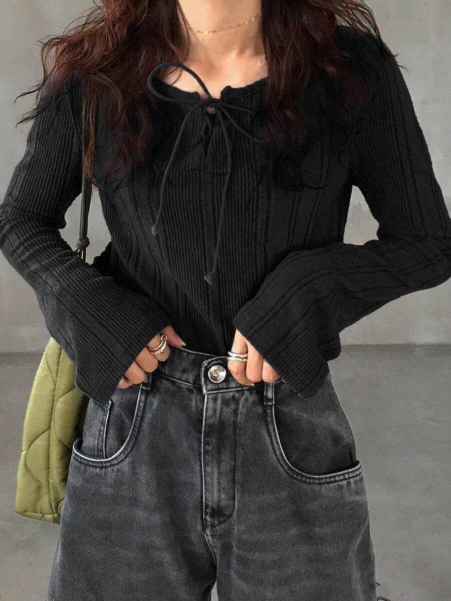 FRIFUL 女士休闲纯色长袖抽绳T恤 - 黑色 - 查看 1