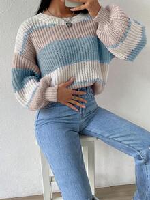 EMERY ROSE Women's Casual Loose Fit Contrast Color Round Neck Drop Shoulder Long Sleeve Sweater, Autumn - Multicolor - View 3