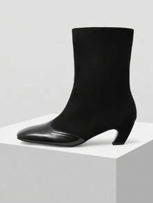 Mnmlis Women's New Side Zipper Square Toe Knee-High Boots - Black - View 4