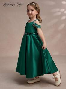 Glamorique Kids 四季女童婚礼宾客/花童礼服，露肩无袖连衣裙，优雅缎面亮片装饰绿色礼服，适合特殊场合 - 墨綠色 - 查看 4