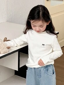 DAZY 女童圆领针织保暖内衬蝴蝶结刺绣长袖T恤，秋季款 - 白色 - 查看 6