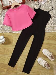 Sparklyn 少女高低短袖t恤和字母圖案背心連身褲