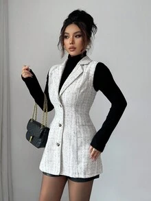 Elenzga Chaqueta sin mangas de frente abierto casual para mujer, adecuada para ir al trabajo, otoño/invierno - Blanco y Negro - Ver 5