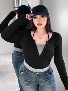 DAZY Áo thun tay dài cài nút phía trước cỡ lớn mùa hè - màu đen - Xem 2