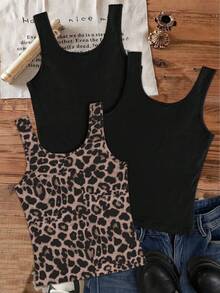 SHEIN EZwear 3pcs Solid Color Versatile Leopard Print Camisole Tops, Suitable For Summer - Multicolor - View 2