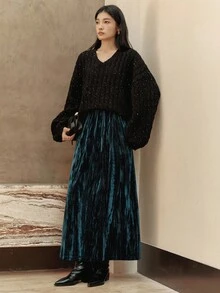 Dazy-Less 女士优雅丝绒半身裙，秋冬商务休闲女装 - 藍色 - 查看 4