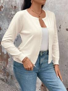EMERY ROSE Plus Size Casual Versatile Solid Color Cardigan - Apricot - View 6