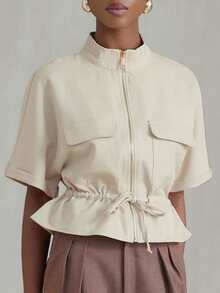 Aveloria Modichic Fashionable Short Utility Shirt, With Two Symmetrical Chest Pockets, Cinched Waist Design, Overall Neat And Practical - Beige - View 5