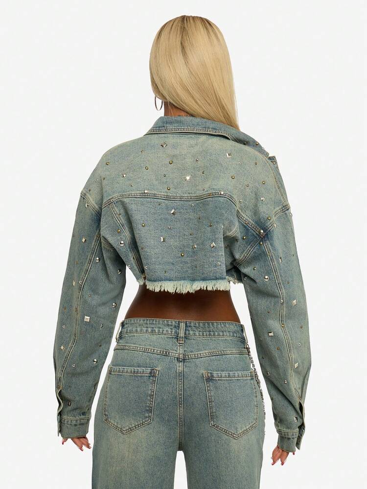 SUMWON WOMEN Studded Denim Cropped Jacket With Raw Hem
