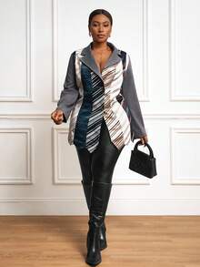 Slaydiva Bộ vest công sở trang trọng hàng ngày, thanh lịch, dễ mặc, dễ phối đồ, dáng rộng, tay dài, dáng rộng, họa tiết sọc, màu sắc cá tính, thiết kế thu đông 2025 dành cho phụ nữ ngoại cỡ - Nhiều màu - Xem 7