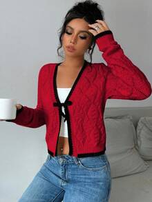 Selianne Contrast Trim Tie Front Crop Cardigan