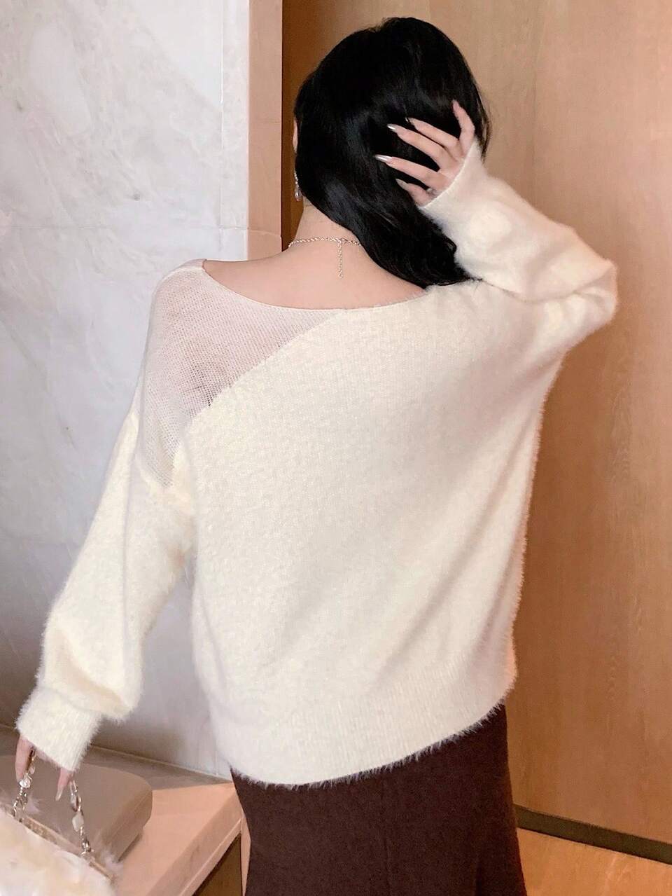 Women's Casual Elegant Color Block Loose Fit Long Sleeve Crew Neck Knit Sweater, Autumn/Winter