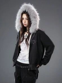 Bloopia韩国街头亚文化休闲时尚个性焕新女装秋冬万圣节新款星星水钻拼接宽松拉链连帽外套 - 黑色 - 查看 5