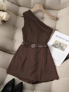 Franclia Casual Fashion All-Match Commuting High Elastic Pure Black One-Shoulder Pleated Top And Khaki Fake Pocket Skirt Pants With Belt Ladies Two Pieces Set - Chocolate Brown - View 3