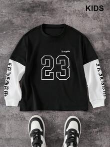 PAVTROS 1 件男童字母和数字拼色长袖 T 恤，运动球衣款式，适合秋冬季、运动、户外、学校