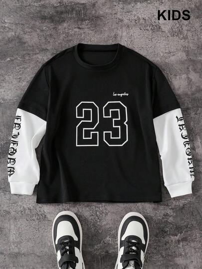 PAVTROS 1 件男童字母和数字拼色长袖 T 恤，运动球衣款式，适合秋冬季、运动、户外、学校
