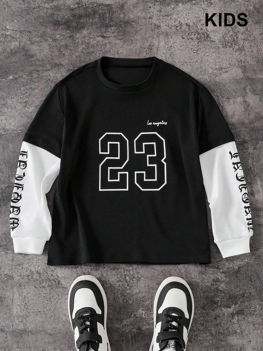 PAVTROS 1 件男童字母和数字拼色长袖 T 恤，运动球衣款式，适合秋冬季、运动、户外、学校