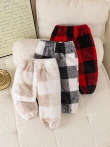 SHEIN Playful Pals 3pcs Set Baby Boy & Baby Girls' Plaid Multicolor Warm Pants, Suitable For In Autumn/Winter Fall - Multicolor - View 3