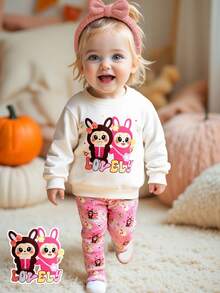 SHEIN Baby Girl Cute Cartoon Pattern Thermal Lined Long Sleeve Sweatshirt And Pants Set, Versatile For Autumn/Winter Fall - Multicolor - View 2