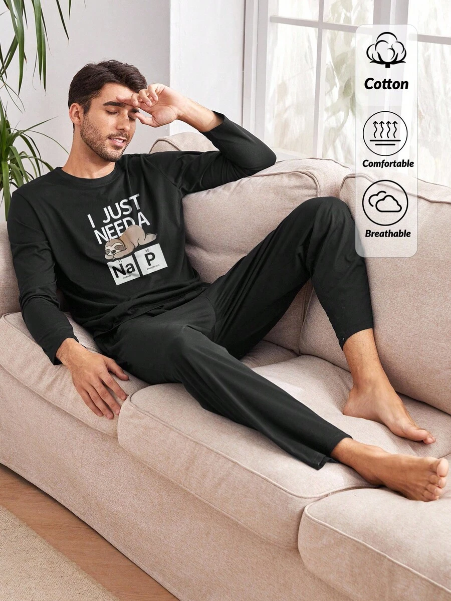 RueChic 棉质男士字母印花常规长袖T恤家居服套装