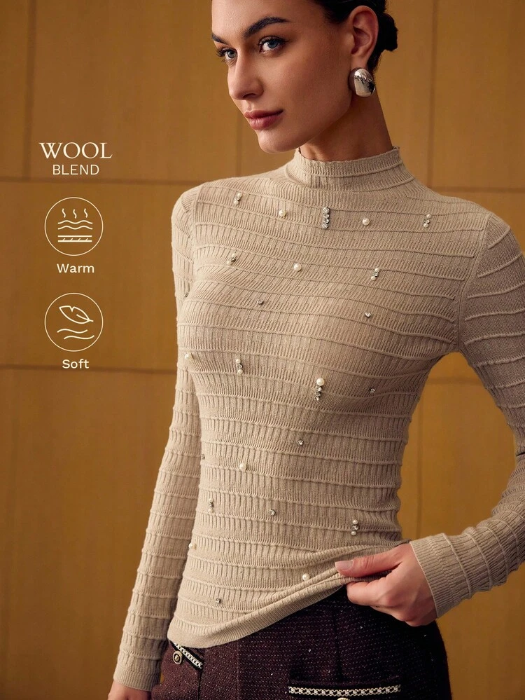 FAUX PEARLS AND RHINESTONE DETAIL MOCK NECK SLIM FIT TEXTURED KNIT SWEATER KNIT PULLOVER FALL WINTER