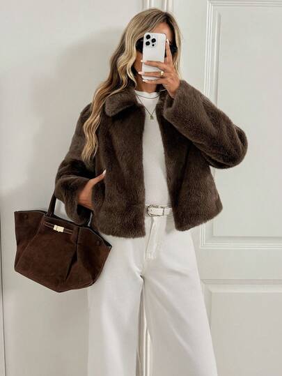 Easowa Chaqueta casual de manga larga con cuello de piel sintética de unicolor para mujer, invierno