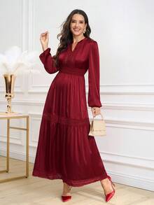 Ellevyn Women's Elegant Burgundy Long Sleeve Lace Patchwork Dress - Burgundy - View 7