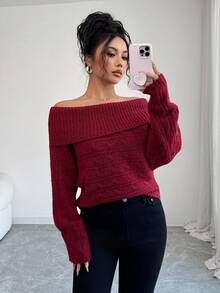 Elenzga Damen lässiger, weiter einfarbiger Pullover, Off-Shoulder, Langarm - Rot - Übersicht 1